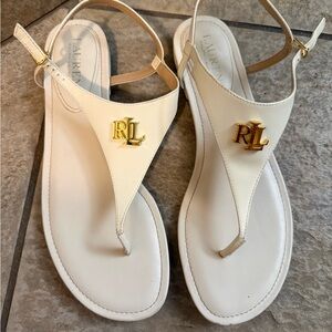 Ralph Lauren Ivory T-Strap Sandals with Gold RL Emblem
